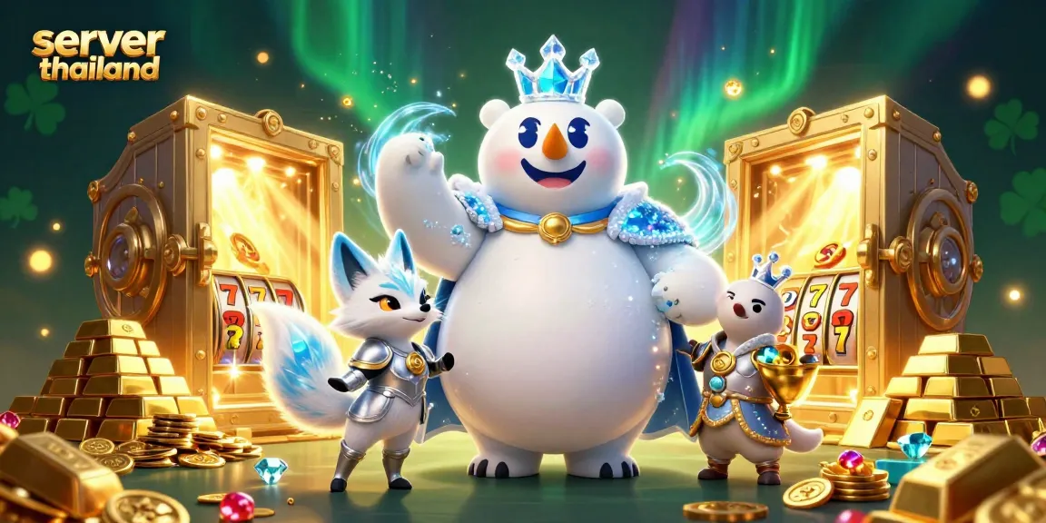 Experience casino thrills with the server thailand featuring slot reels and treasure in a dynamic scene.