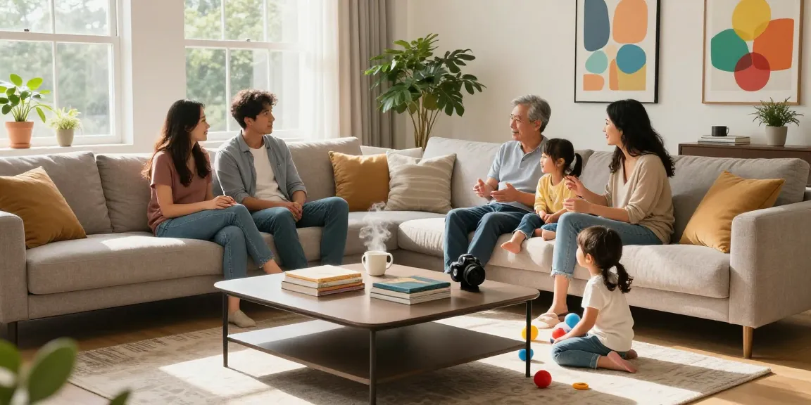 Family enjoying a cozy living room with depo 5k furniture, warm atmosphere, and stylish decor