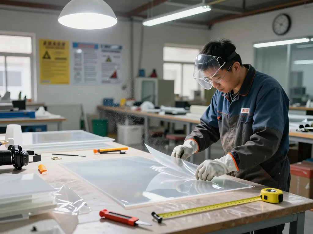 bóc lớp ép plastic hà nội being demonstrated by a technician peeling protective film in a bright workshop setting