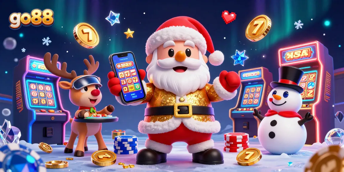 Experience go88's vibrant casino games with Santa, his reindeer, and a poker chip snowman.