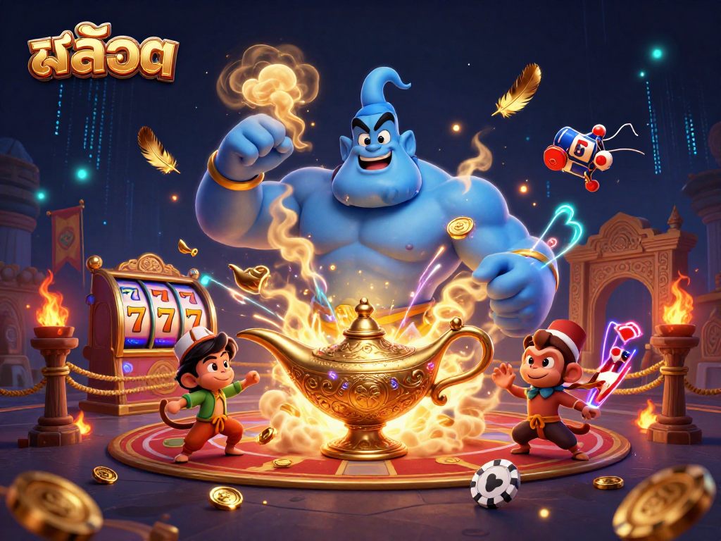 Spin the สล็อต reels as a blue genie unleashes jackpot excitement and surprises.