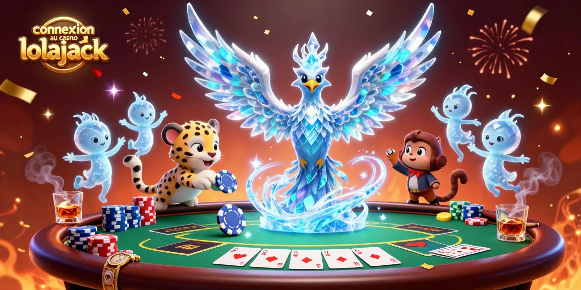 Engage in games at connexion au casino lolajack with a vibrant scene of an ice phoenix, poker elements, and enchanting sprites.