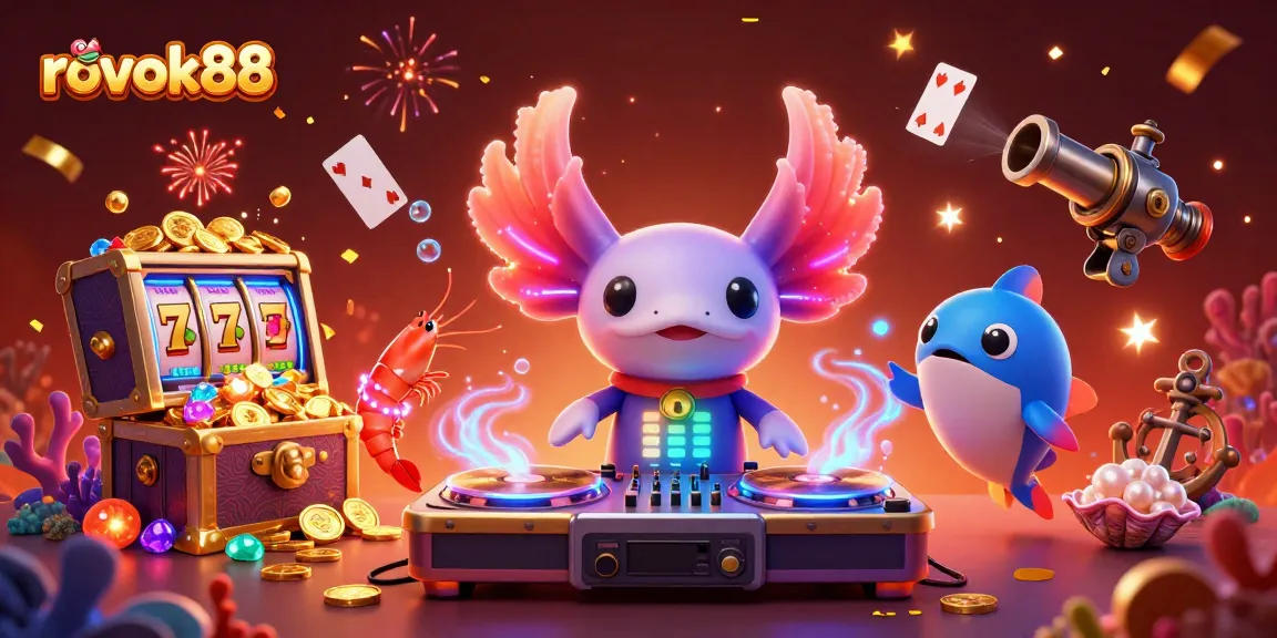 Play and win with rokok88 in a vibrant casino scene featuring a neon axolotl DJ and colorful gaming elements.