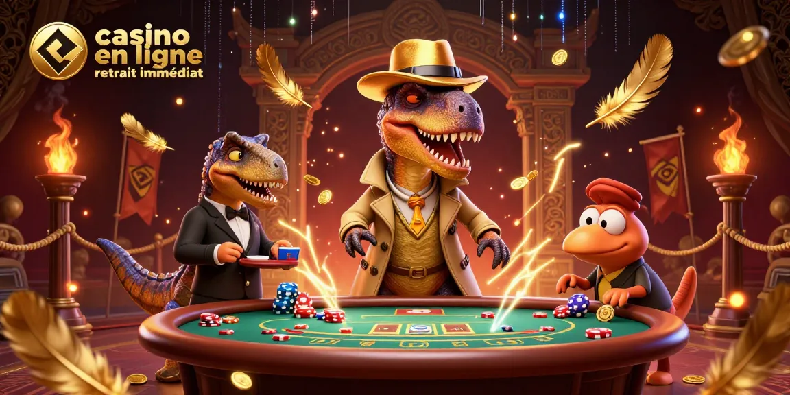 Visualisez le casino en ligne avec retrait immédiat, mettant en scène un vélociraptor à une table de blackjack.