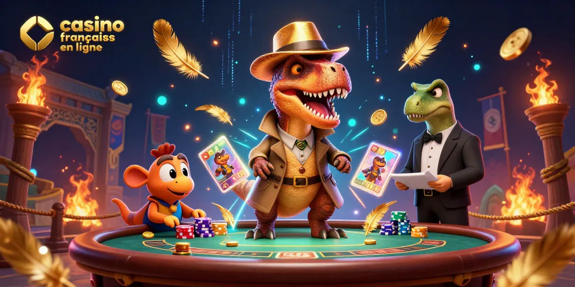 Visuel dynamique d'un casino français en ligne mettant en scène un vélociraptor à une table de blackjack, entouré d'effets visuels captivants.