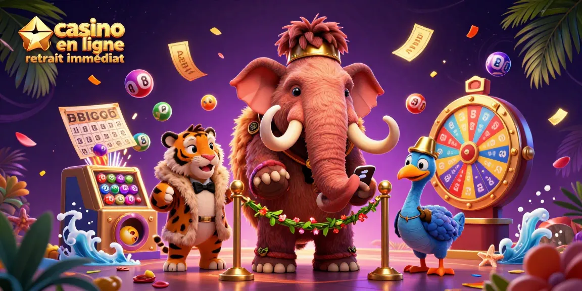 Retirez vos gains rapidement avec un casino en ligne à retrait immédiat, illustré par des personnages animés au casino.