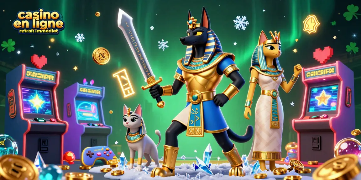 Engagez-vous au casino en ligne retrait immédiat avec des guerriers égyptiens entourés de jeux d'arcade brillants.