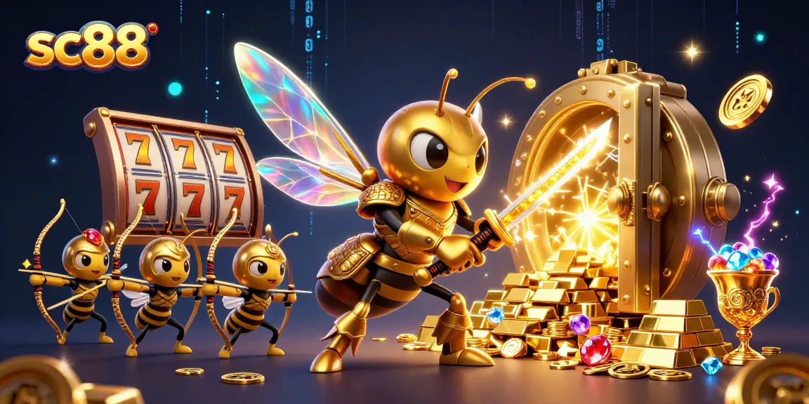 Experience thrilling slots with sc88 as a golden hornet battles for jackpots amid treasure piles.