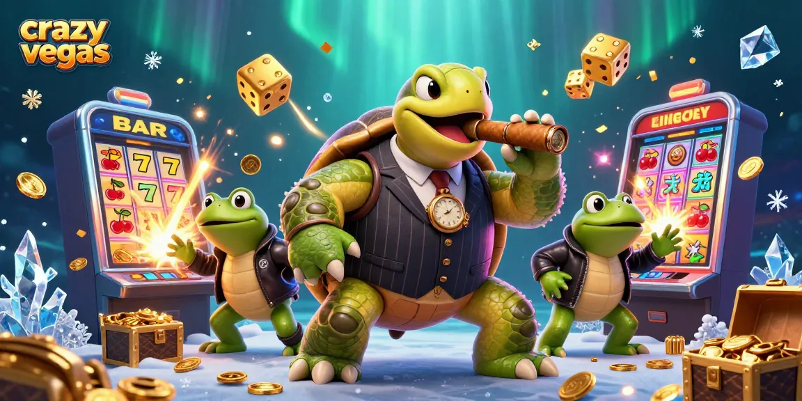 Engage with crazyvegas as a cartoon turtle in a pinstripe suit, surrounded by dynamic casino elements.
